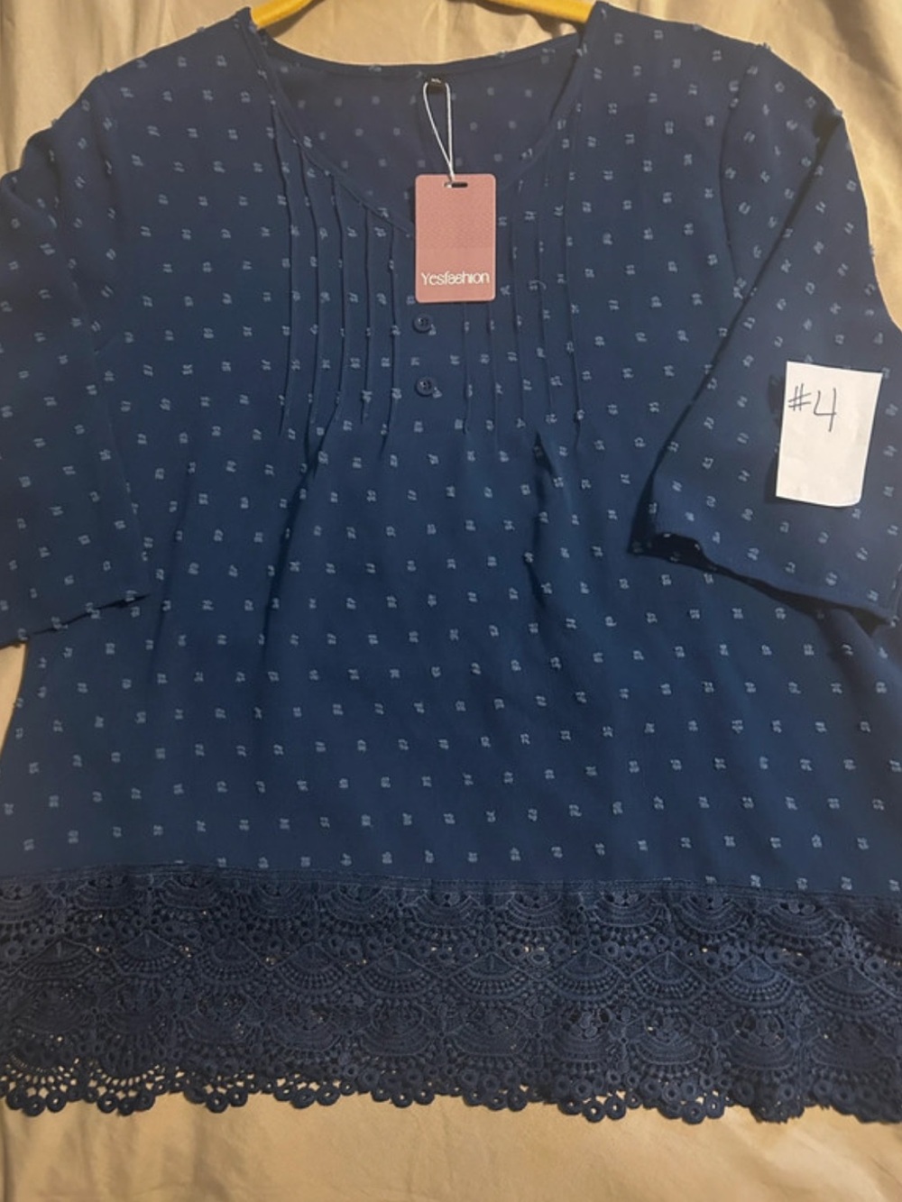 Navy Blue Pintuck Blouse with Lace Hem
